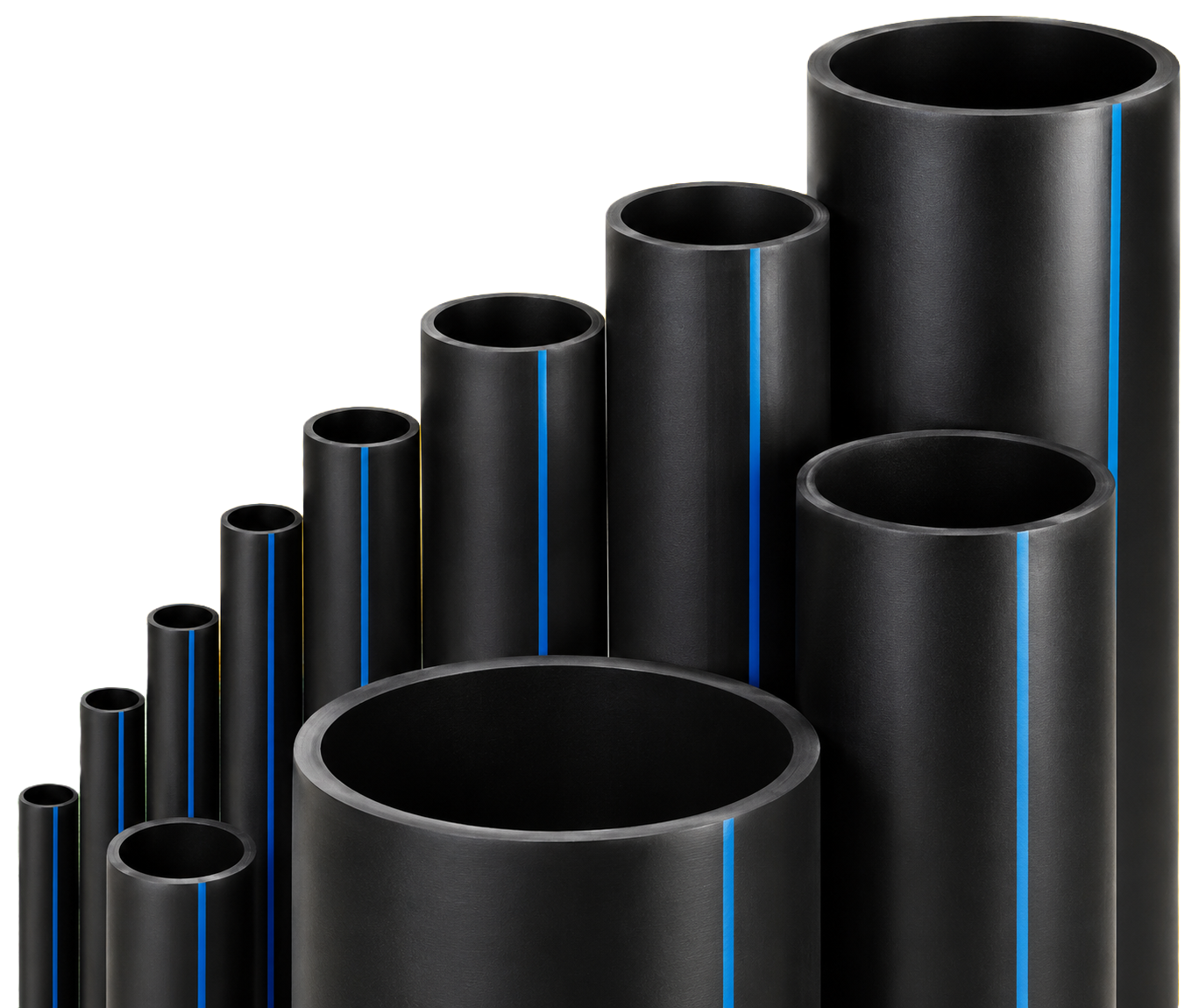 Black HDPE pipes with blue stripe in many sizes