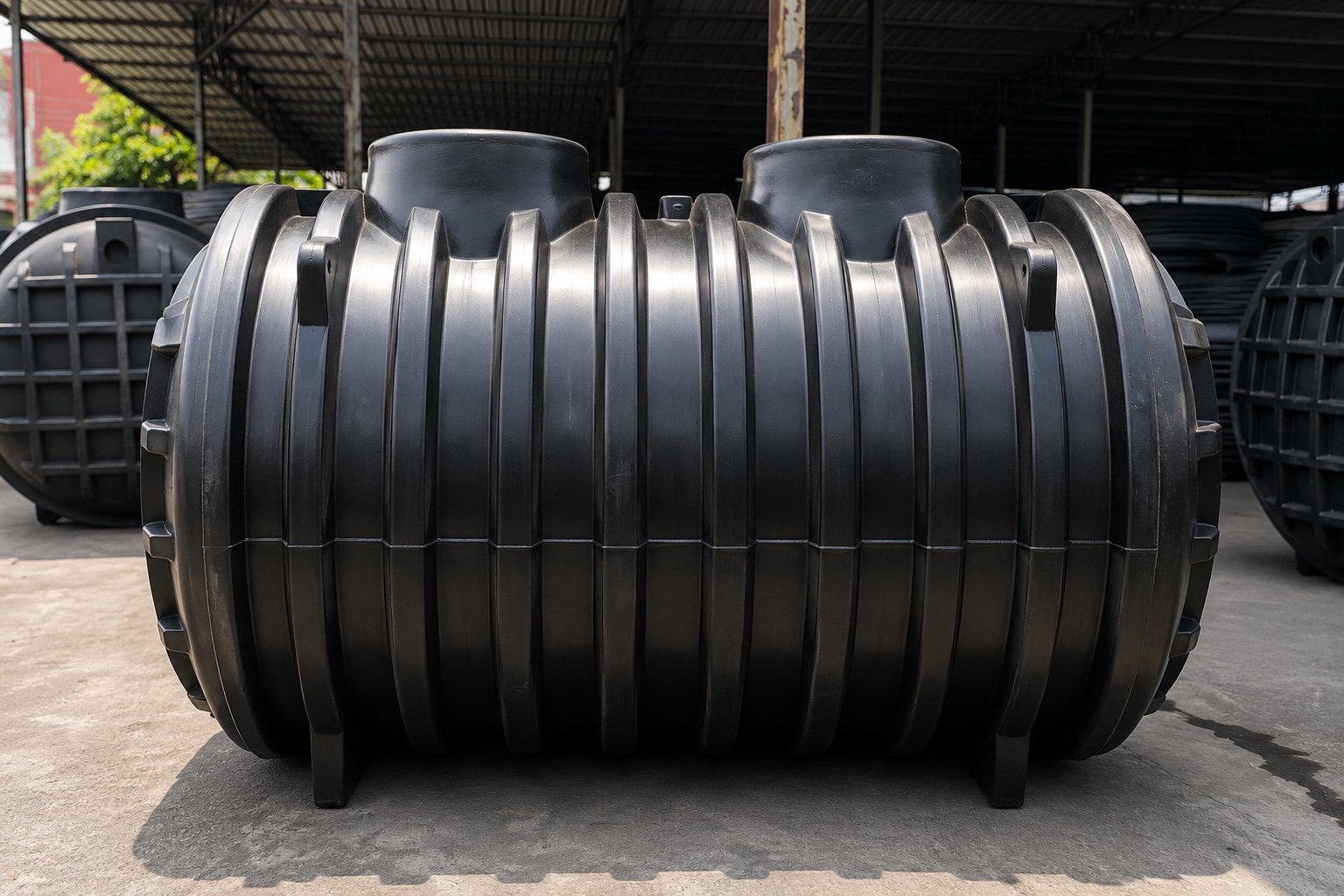 Black ribbed underground tank with two manholes