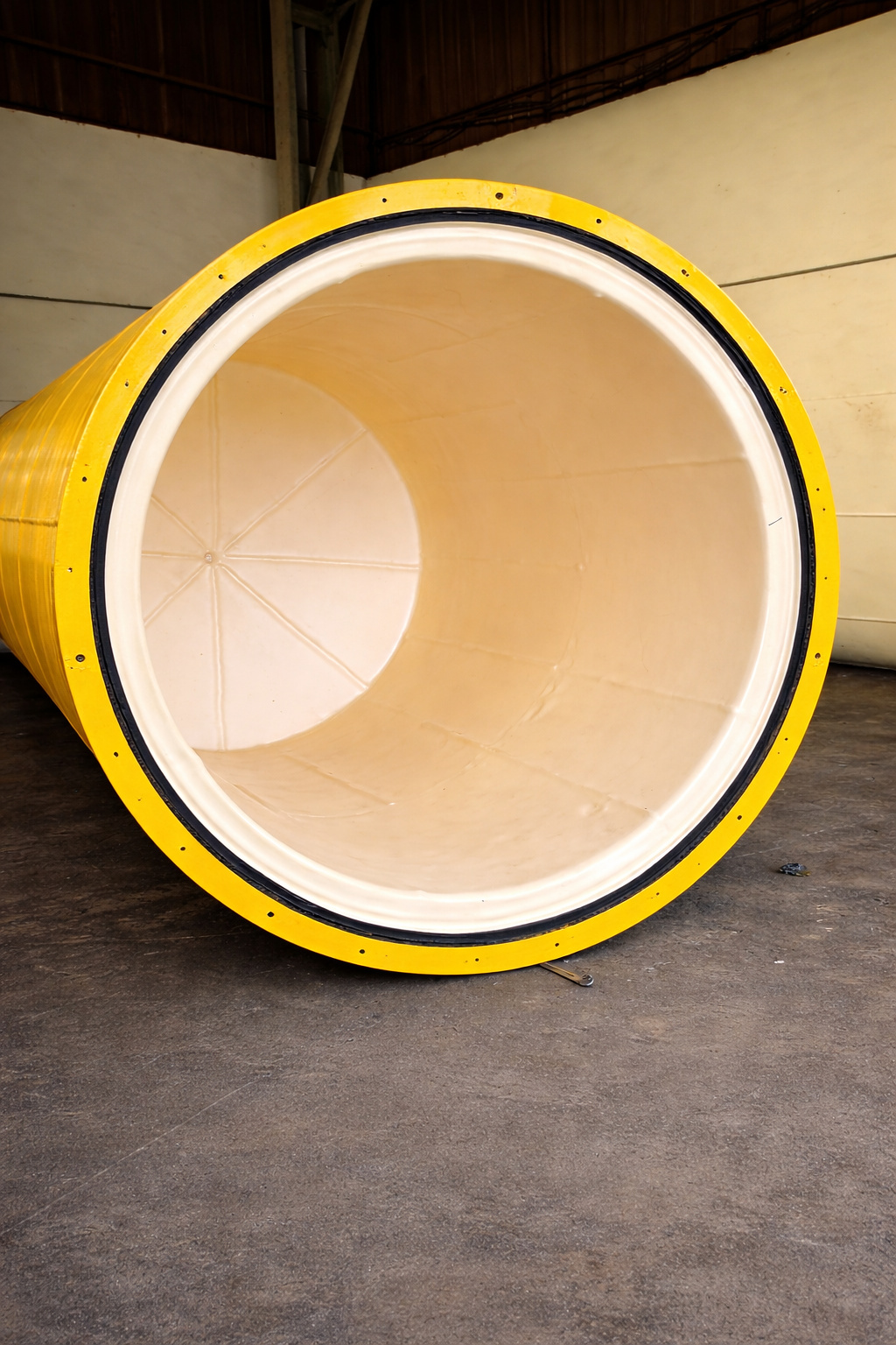 Inside view of a large yellow Gujraaj tank with smooth cream inner wall